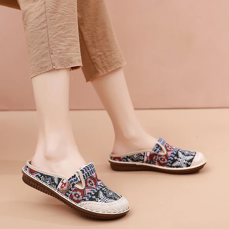 Fashion Womens Shoes Ethnic Style Embroidered Linen Breathable Outdoor Casual Slippers Shoes for Women 250314