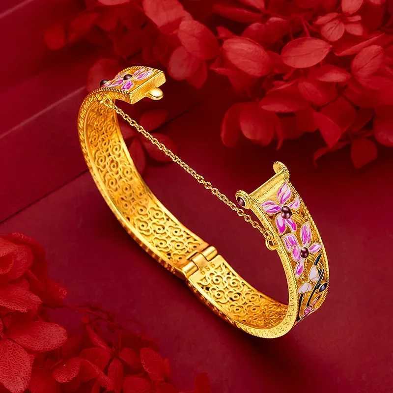 Luxury 24K Gold 9999 Real Gold Orchid Bracelet Enamel Large Bracelet Valentines Day GiftXJ250315