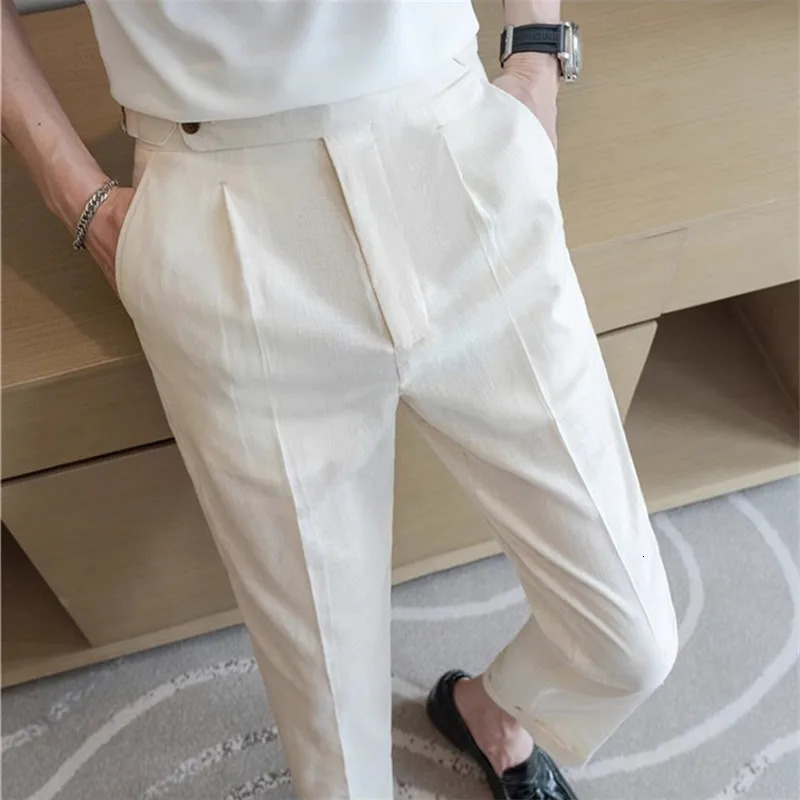 High quality summer set mens thin cotton linen breathable intelligent casual solid straight skirt pants 90% 250313