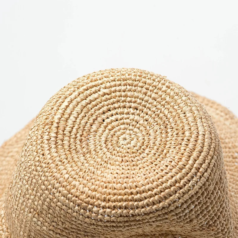 Summer Handmade Natural Lafia White Lace Long Ribbon Waist Beach Womens Bucket Hat Womens Holiday Beach Hat 250314