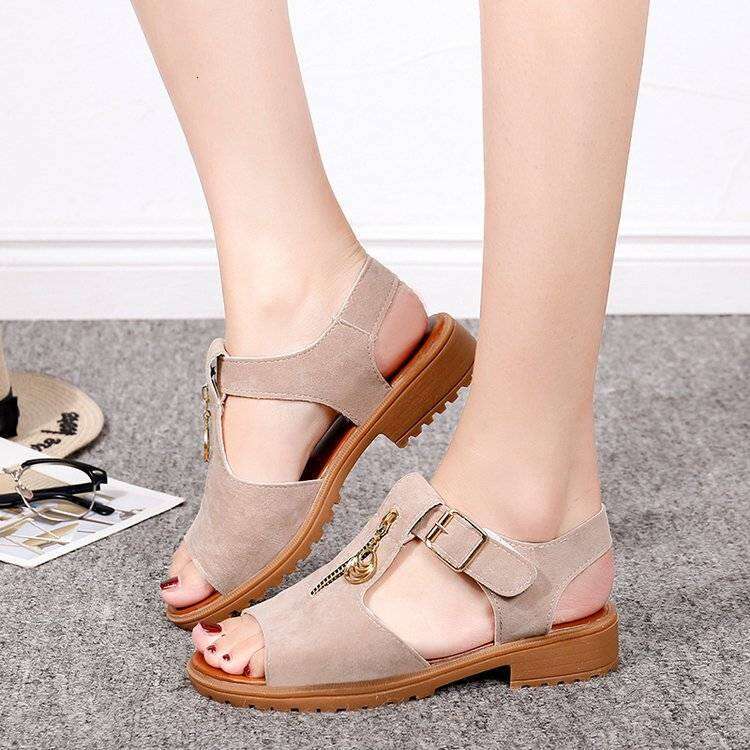 Summer New Korean Edition Student Coarse Barefoot Pure Ribbon Zipper Shoes Low Heel Flat Bottom Women's Sandals
