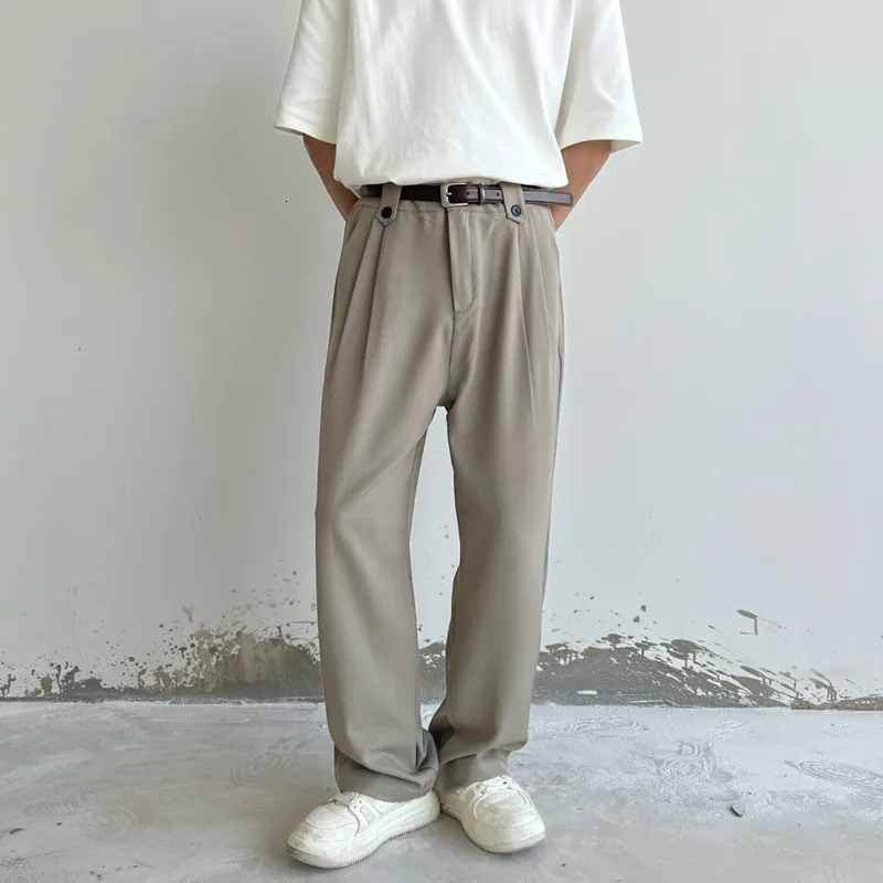 Khaki black suit pants mens fashionable social dress Korean loose straight wide leg office formal 250313