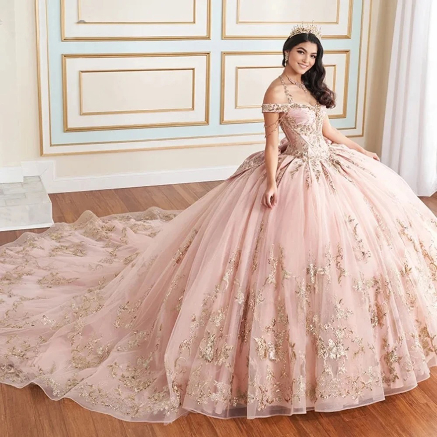Customized Sparkly Blush Pink Quinceanera Dress Ball Gown Gold Lace Applique Beading Corset Sweet 16 Vestidos De 15 Anos YQD987