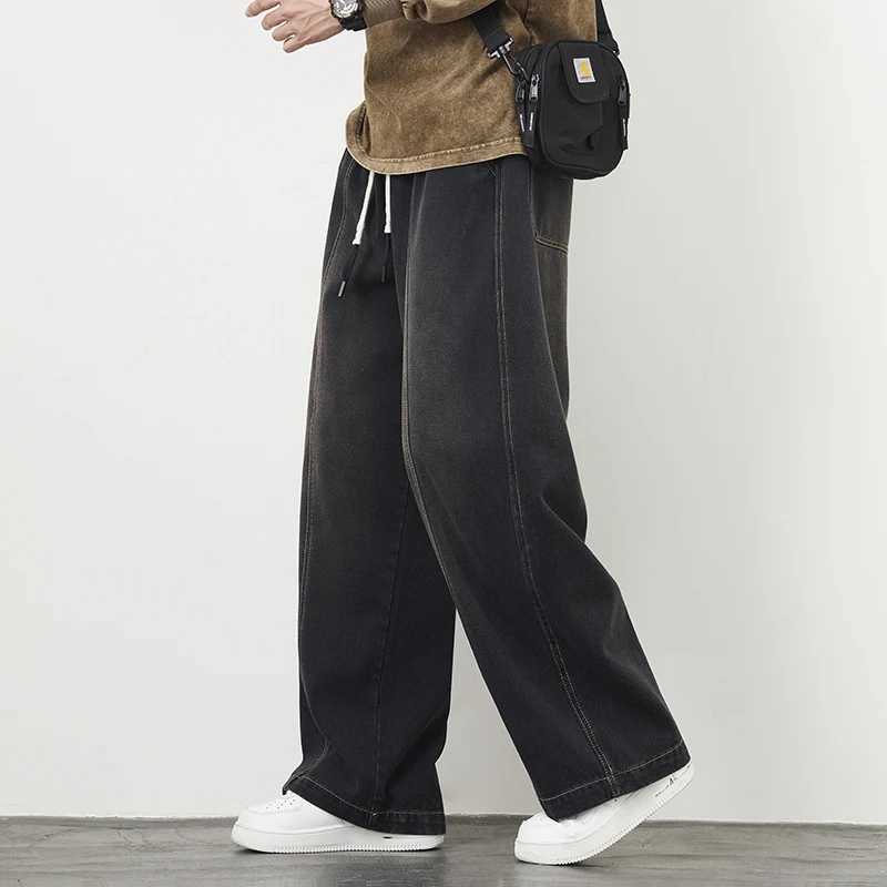 Plus Size M-8XL Baggy Jeans Mens Blue Black Streetwear Elastic Waist Y2K Trousers Fashion Straight Leisure Wide Denim PantsT250319