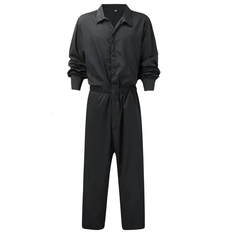 Mens Solid Color Jumpsuit Playsuit Buttons Casual Cargo Clothes Overalls Turn Down Collar Long Sleeve Oversized Waist Pants 250310