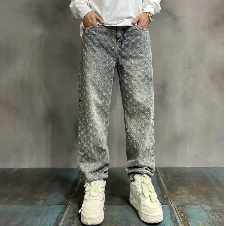 American Style Vintage Mens Jeans Loose Fit Full Printed Design Sensible Niche Straight Leg Pants New Spring Autumn Trendy BranT250315