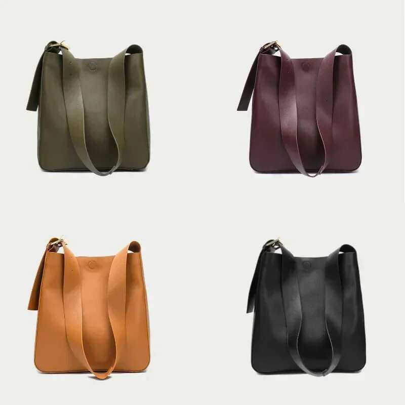 Soft Cowhdie Minimalism Women Bucket Elegant French Style Lady Large Tote Thick Real Leather Bag