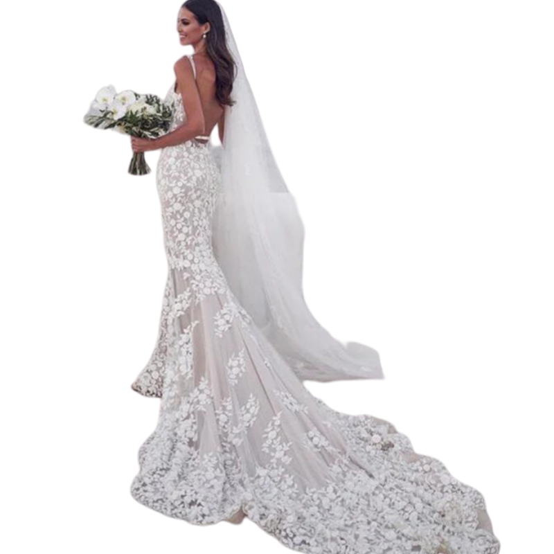 Bohemian Lace Mermaid Wedding Dresses Backless V-Neck Straps Long Beach Bridal Gown 2025 Summer Vestido De Novia Ivory And Champagne