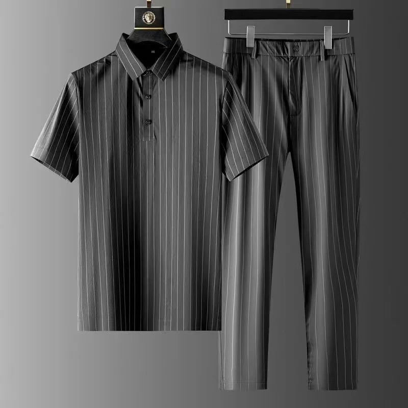 Short-sleeve Thin Stripe Shirt Trousers Two-piece Suit Mens Short Sets Business Casual Outfits Men Summer Clothing 250314