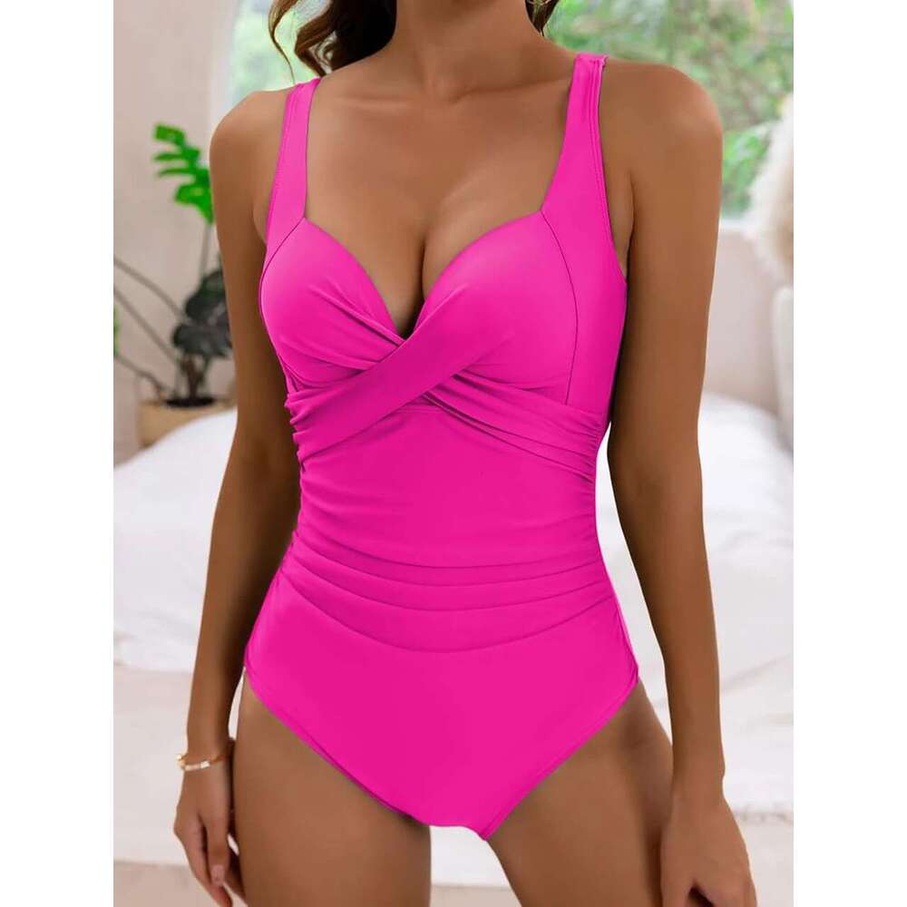 Women's plain pleated swimsuit, one-piece, solid color, beachwear, bather, summer jumpsuit, 2024