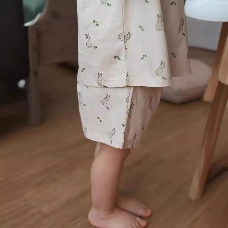 Childrens Cute Cartoon Printed Baby Pajama Set Korean Simple Neutral Summer Girls Pajama 250314