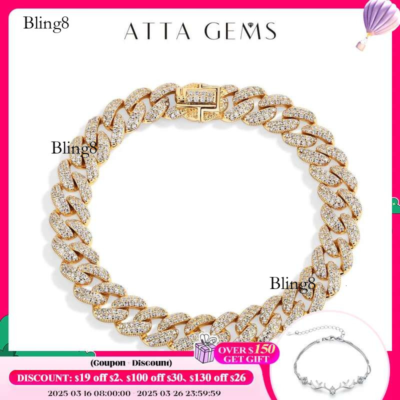 ATTAGEMS S Sier Moissanite Cuba Chain for Man Women Gold Plated Full D VVS1 Color Tennis Bracelets Top Quality Jewelry