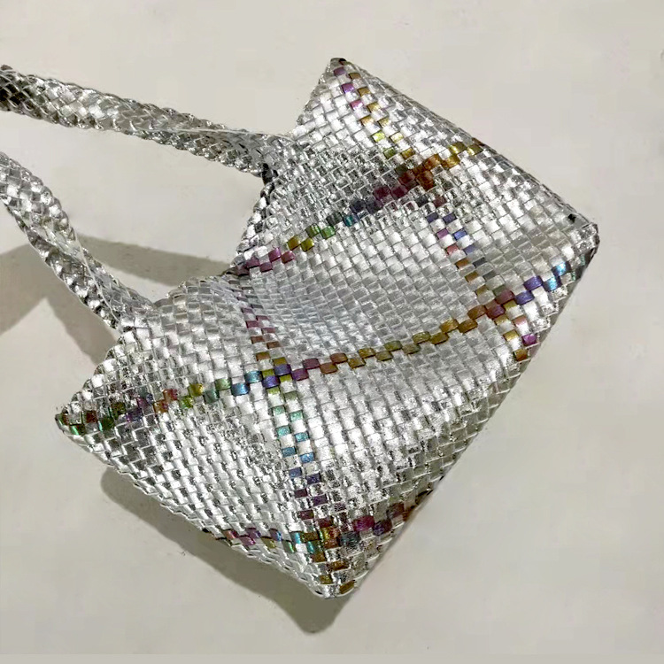 Woven Snake Pattern, Color Blocking, Handmade Woven Handbag, Single Shoulder Mother Beach Tote Bag, Shopping Bag