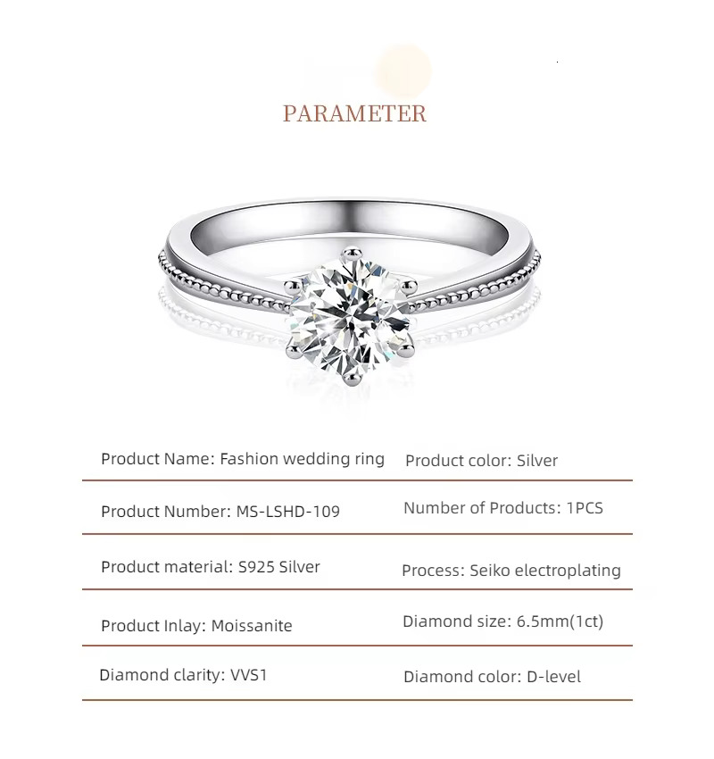 AISMI High-Grade 1 Karat Moissanite Ring S925 Sterling Silver Wedding Proposal Six-Claw One Piece Dropshipping