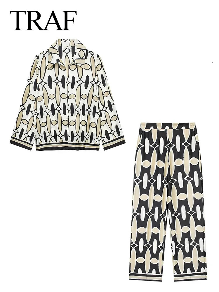 TRAFZA Womens Fashion Shirt and Pants Set Black White Printed Long Sleeve Single Chest TopElastic Waist Wide Leg 250313