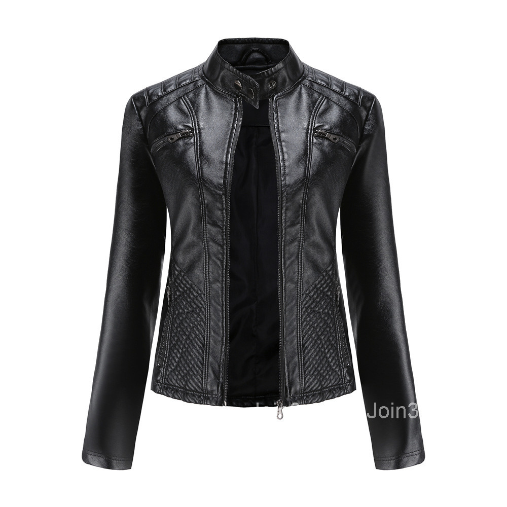Fashion New Womens Casual Leather Jacket Stand Collar Jacket Slim Jacket Womens Spring and Autumn Solid Color Womens Leather Jacket