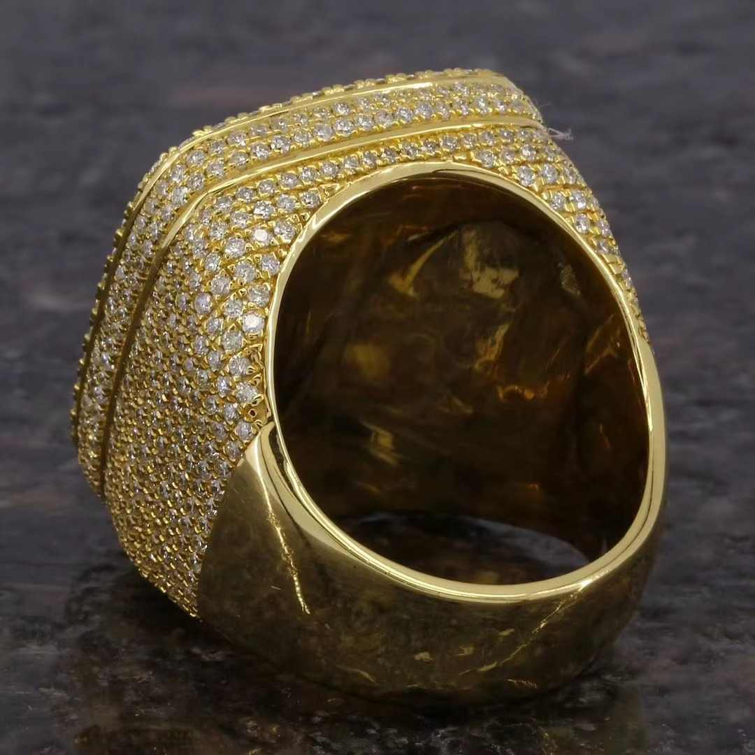 Sparkling Round and Baguette Cut VVs Lab Grown Diamonds Iced Out Hip Hop 10K Yellow Gold Ring for Men