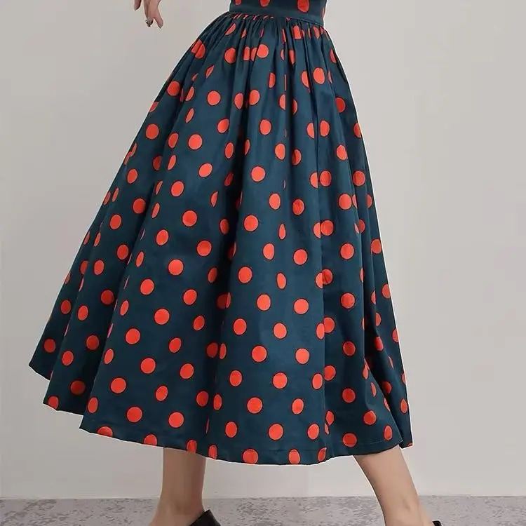 Spring and Autumn Hepburn Peacock Blue Polka Dots Skin Printing Fluffy Aline Ol Womens Abdominal Coverage Style 250310
