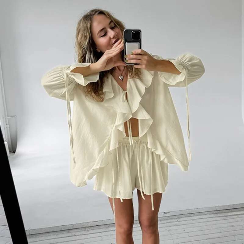 Tuularose New Casual Two-Piece Women's Ruffled Loose Tie Top Simple Office Lady Summer Female Shorts Set