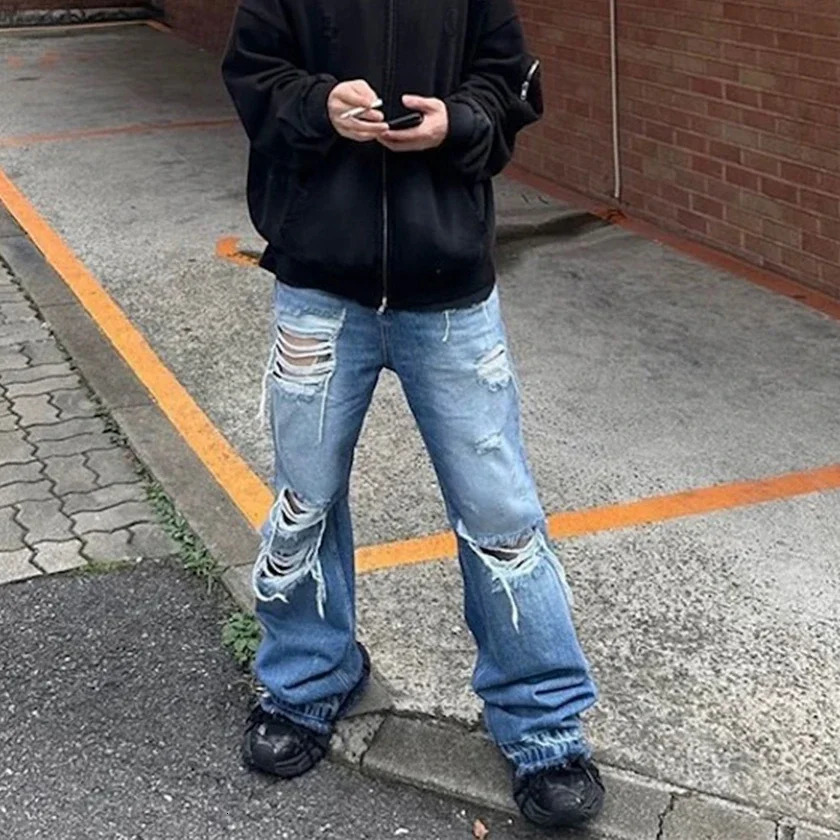 Distressed Vintage Hold Ripped Blue Flare Jeans Pants for Men and Women Streetwear Casual Bag Denim Trousers Oversized Cargos 250313