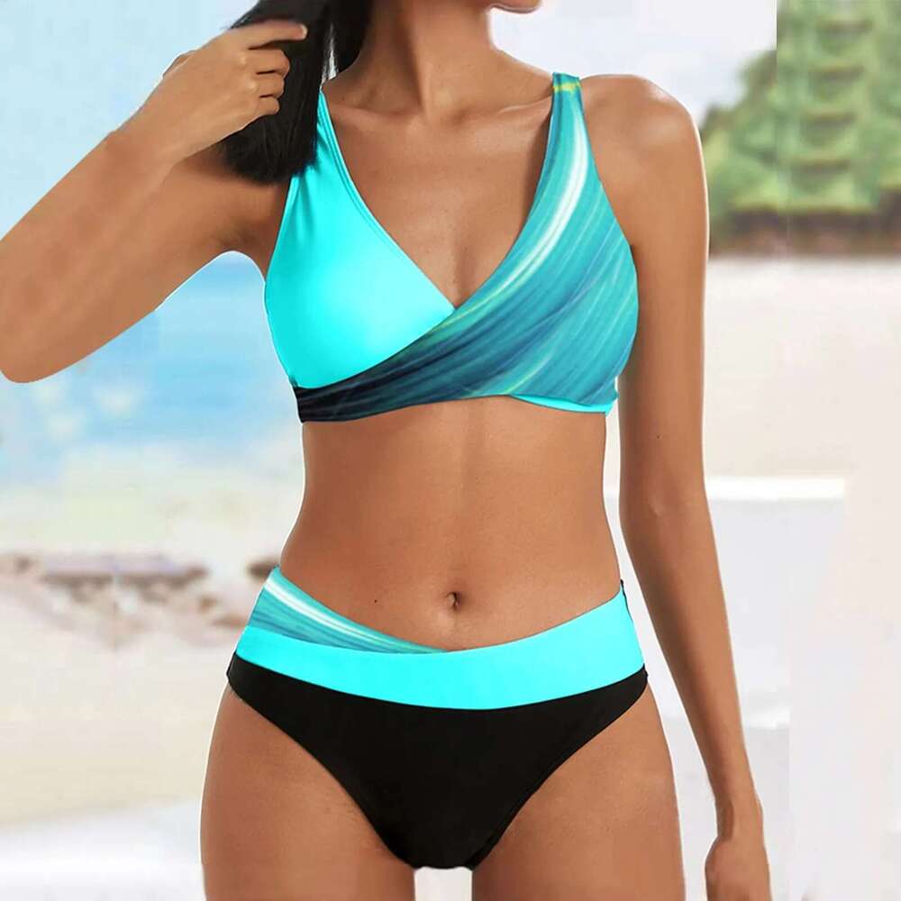 Korean swimsuit, high waisted, two-piece set, fashionable, women's, beach, club, party, 2024