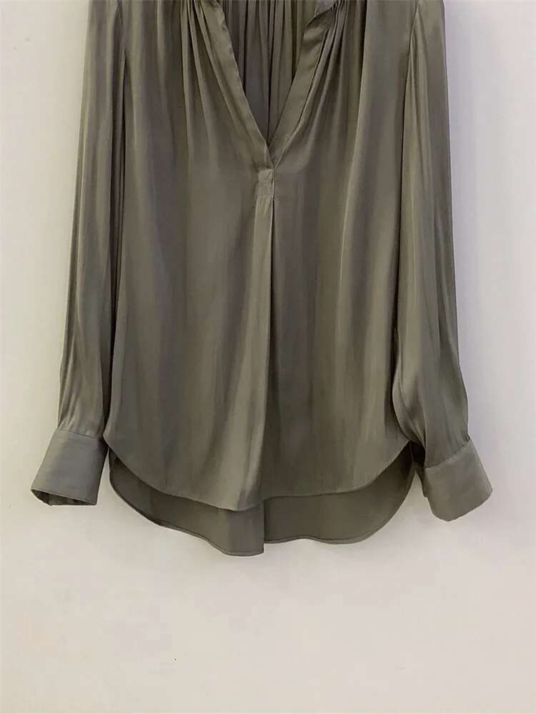 Women Shirt Pleated Irregular Design Style Solid Color V-Neck Simple 2024 Spring Summer Long Sleeve Blouse Top For Female