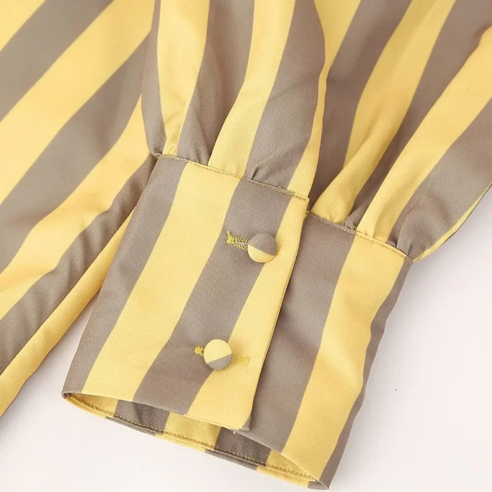 ZBZA Womens Loose Striped Shirt Simple Pleated Crew Neck Single Breasted Long Sleeves Casual Top Spring Summer Chic Shirt 250310