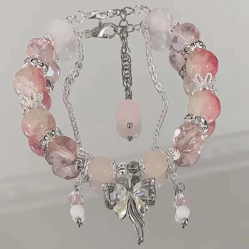 Korean Pink Crystal Flowers Butterfly Pendant Beaded Bracelet For Women Sweet Beaded Chain Bracelet Jewelry GiftsXJ250315