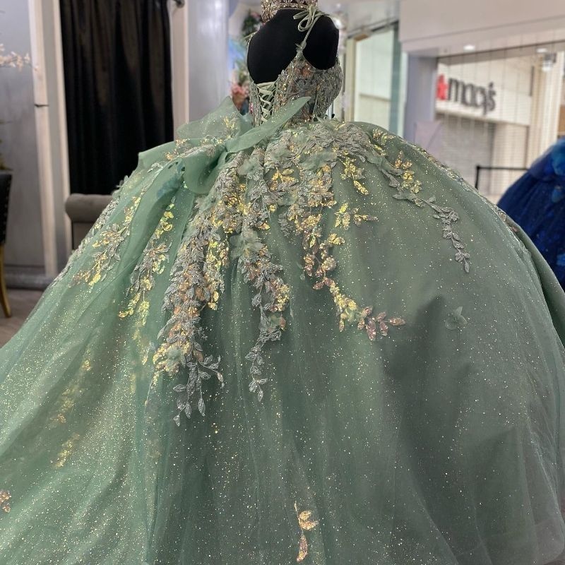 Mexican Sage Green Shiny Charro Quinceanera Dresses Off Shoulder Lace Appliques Beads Corset Party Birthday Sweet 16 Dress Vestido De 15 Anos