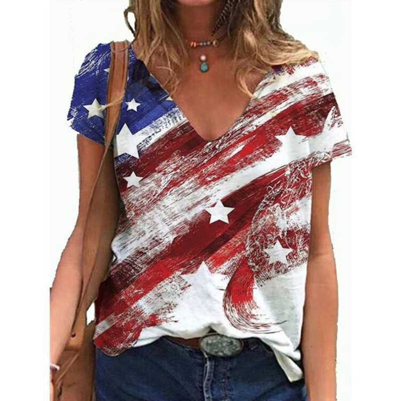 2025 US Independence Day Digital Women's V-Neck 3D Printed Large Size Imitation Cotton Casual T-Shirt