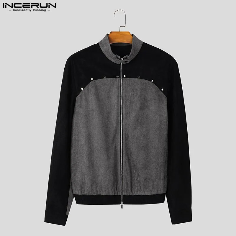 INCERUN Mens Colorblock Simple Jackets Casual Hammer n Coats Stand Collar Harajuku Long Sleeve Waistcoat 250313