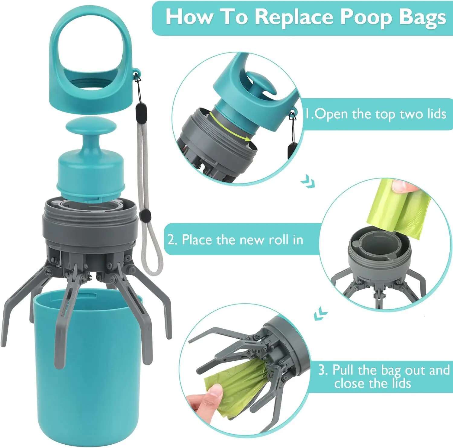 Portable zero -contact pet waste pick shovel for outdoor use Two rolls of EPI photodegradable dog poop bags are included.