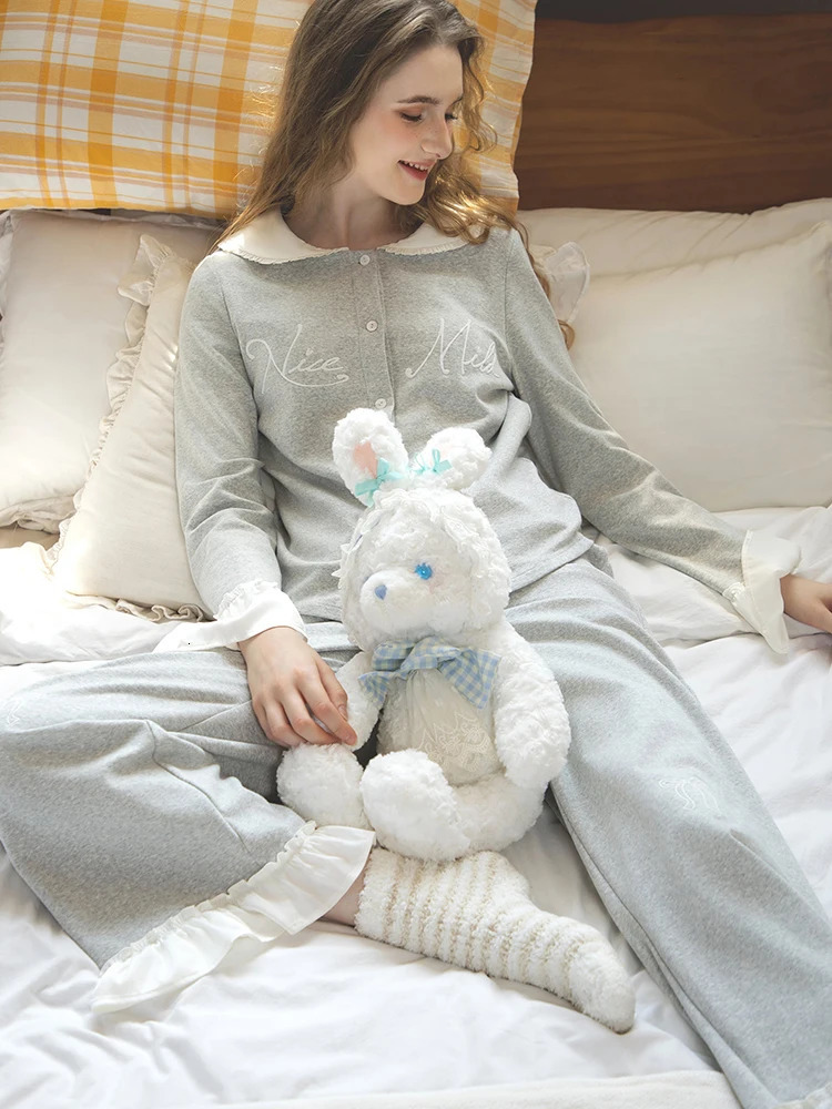 Musebree Womens Cute Princess Cotton Pajama Set Ruffle n Korean Spring Casual 250313