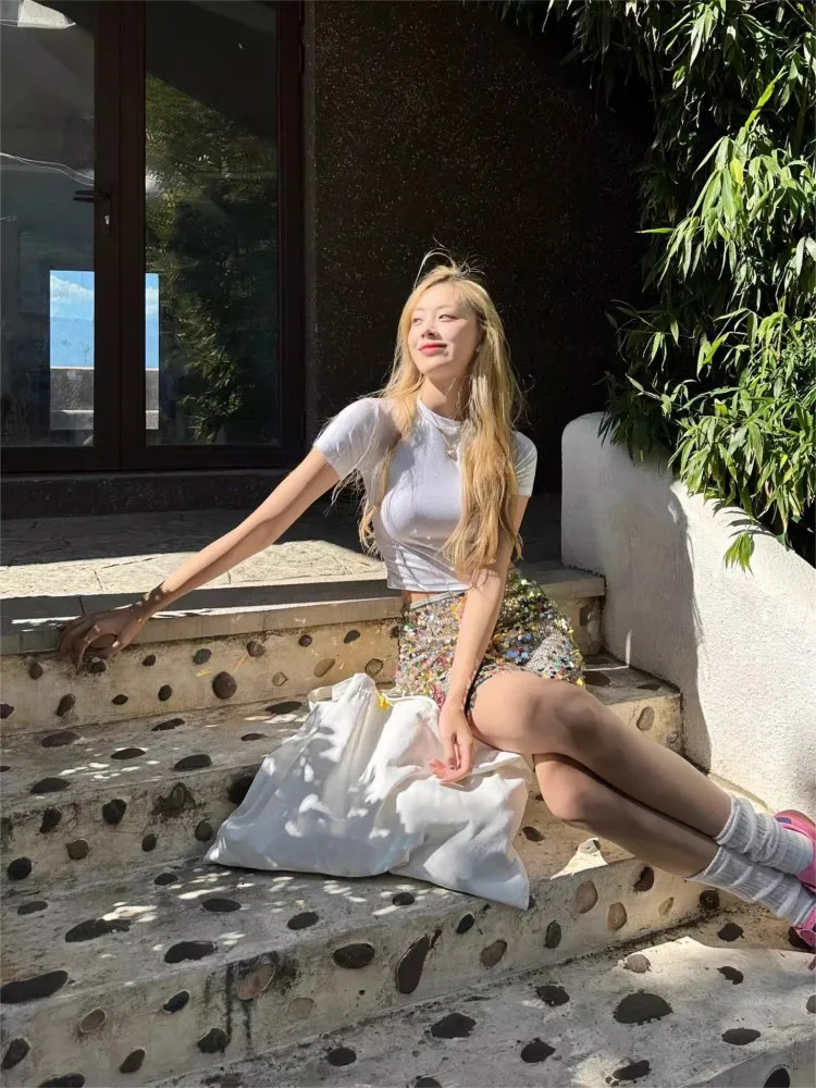 Fashion Colorful Sequin n Women Short Skirt High Street Summer Zipper Waist ALine Sexy Ladies Wrap Skirts 250310