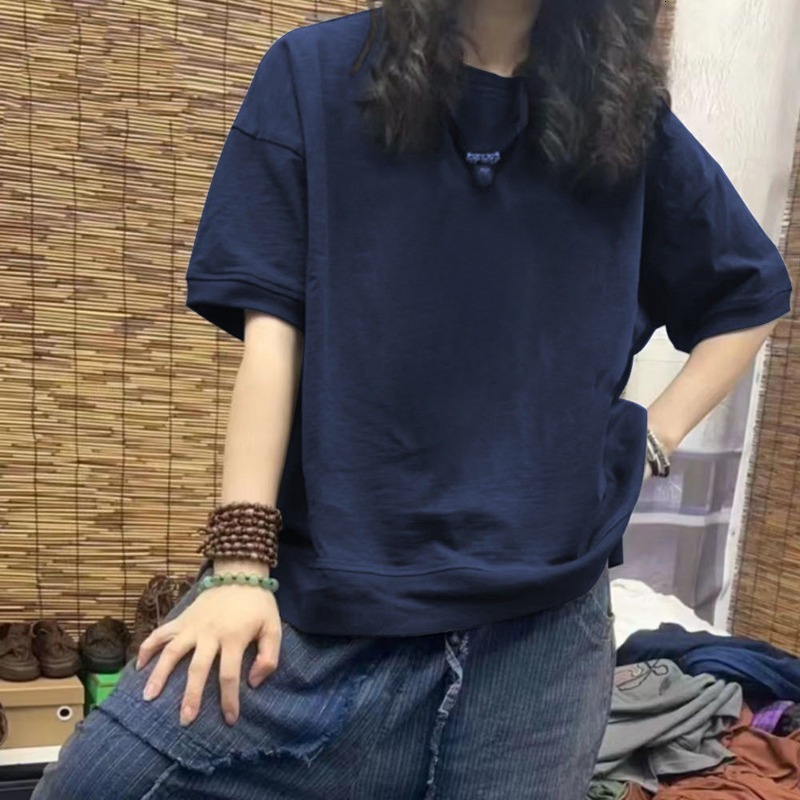 Navy Blue Shoulder Short For Women's Summer 2025 New European Style Large Edition Loose Half Sleeved T-Shirt Top