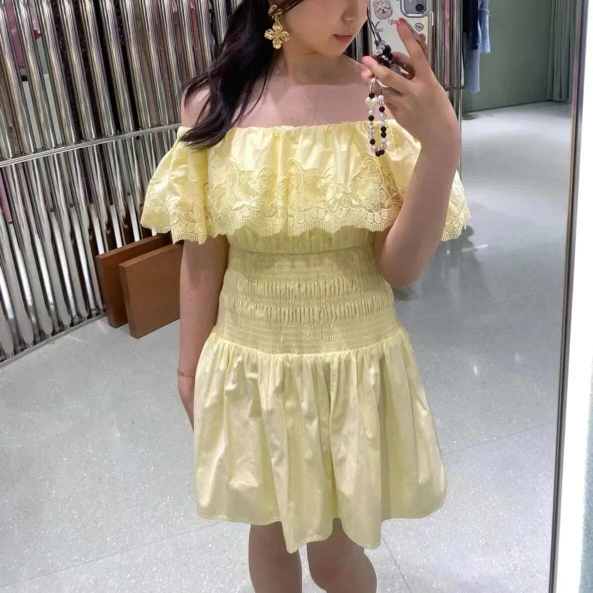 Summer Women's One-Shoulder Yellow Cotton Embroidered Waisted Backless Sexy Party Mini Dress