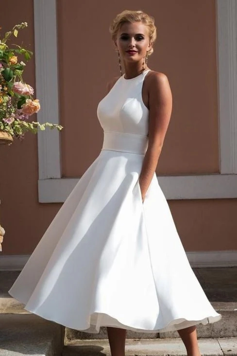 2025 Simple A-Line White Wedding Dresses With Pockets Tea Length Satin Bridal Gown Open Back Jewel Neck Sleeveless Garden Vestido De Novia