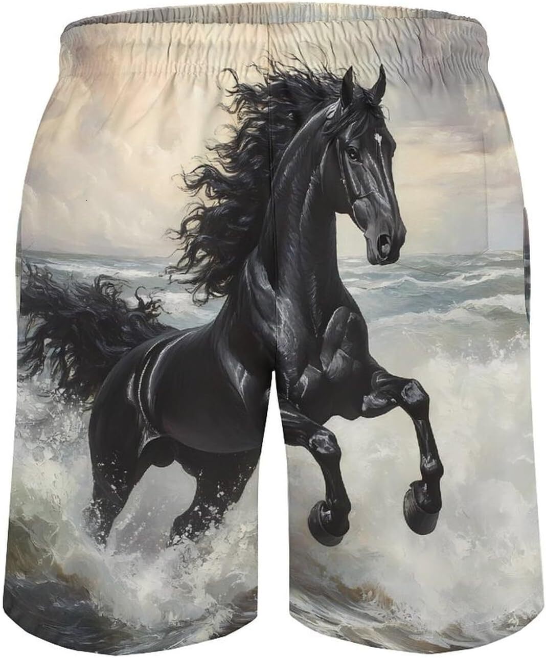 Galloping Black Horse Seaside Beach Shorts for Men Swim Trunk Quick Dry Elastic Waist Drawstring Running Bathing Suits