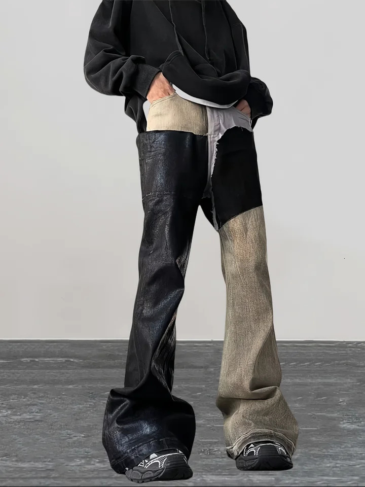 Y2K Fashion Coating waxing Patchwork Old Baggy Flare Jeans Pants Men 90s Clothes Vintage Long Trousers Mens Pants 250310
