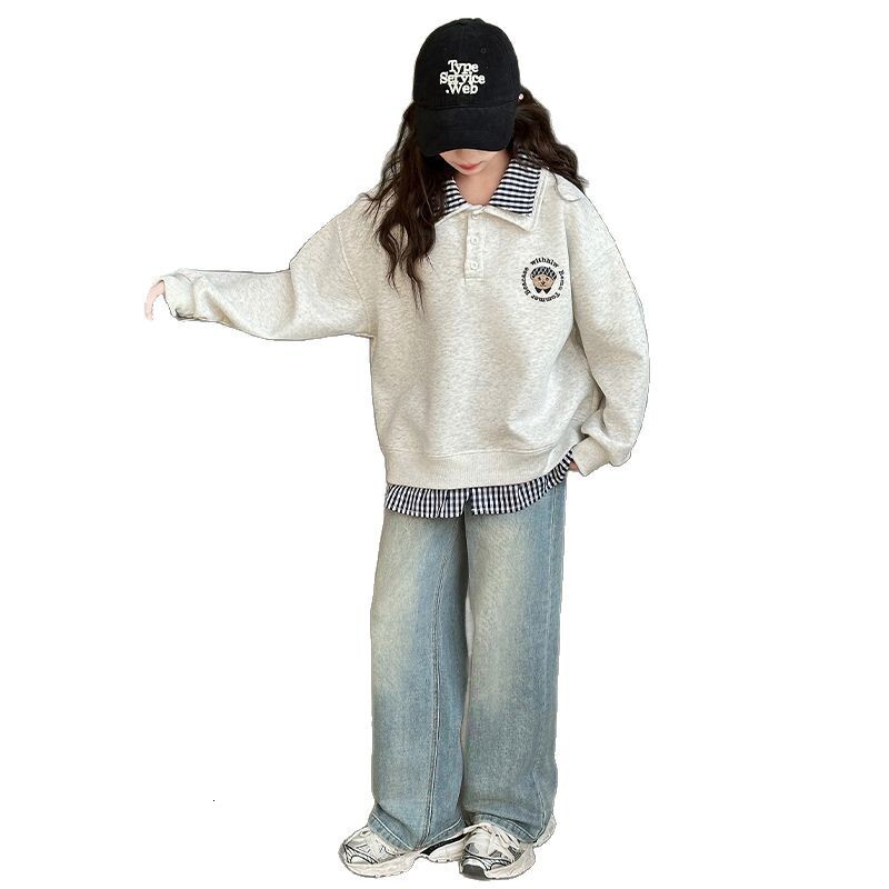 Ddmyshoesvip Women Treasure Korean Version Loose Collared Sweatshirt Mid Size Children Spring And Autumn New Style Color Fashion Western Style Long Sl
