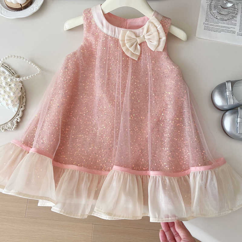 Girl's Dresses Special Offer 2025 Summer New Girl's Sleeveless Bow Mesh Dress, Cute and Elegant for Girls, Small and Medium sized Boy