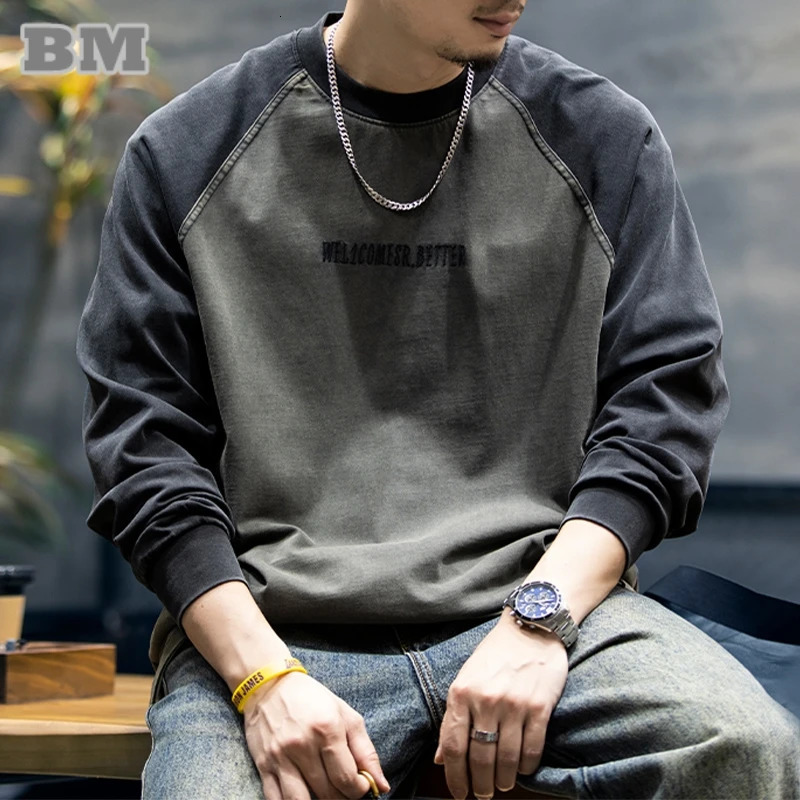 Spring and autumn highquality cotton long sleeved Tshirt mens plus size spliced work sweater Korean streetwear fashion sports top 250312