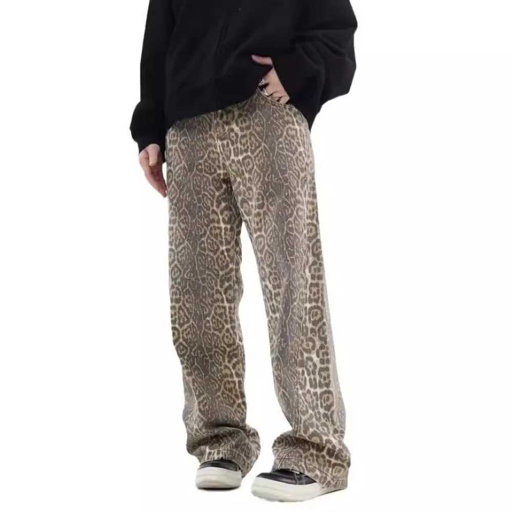 Retro Y2k Leopard Jeans for Men and Women High Street Loose Straight Pants Tide Brand Wide Leg Long PantsT250315