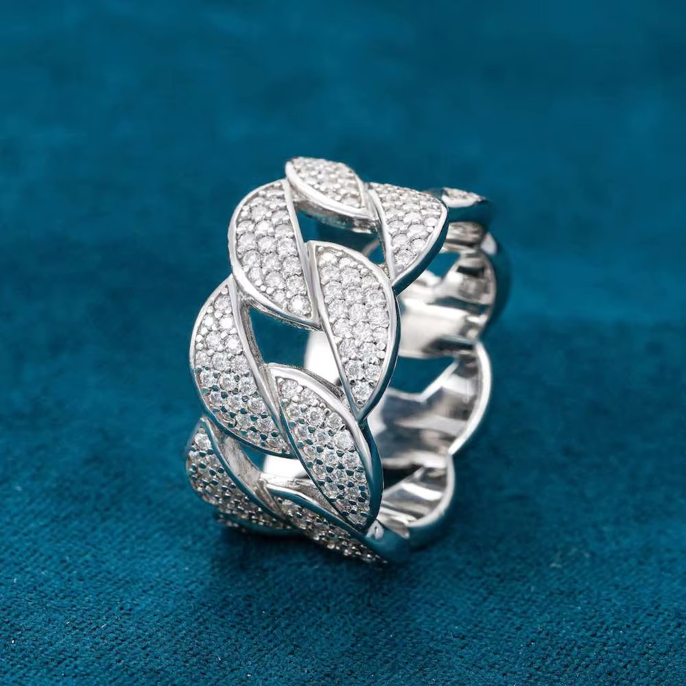 Thick S925 Silver MOISSANITE 3-ROW CUBAN LINK RING Pave DEF Color VVS Moissan Chain Band Fine Jewelry for Men Women Lovers Gift