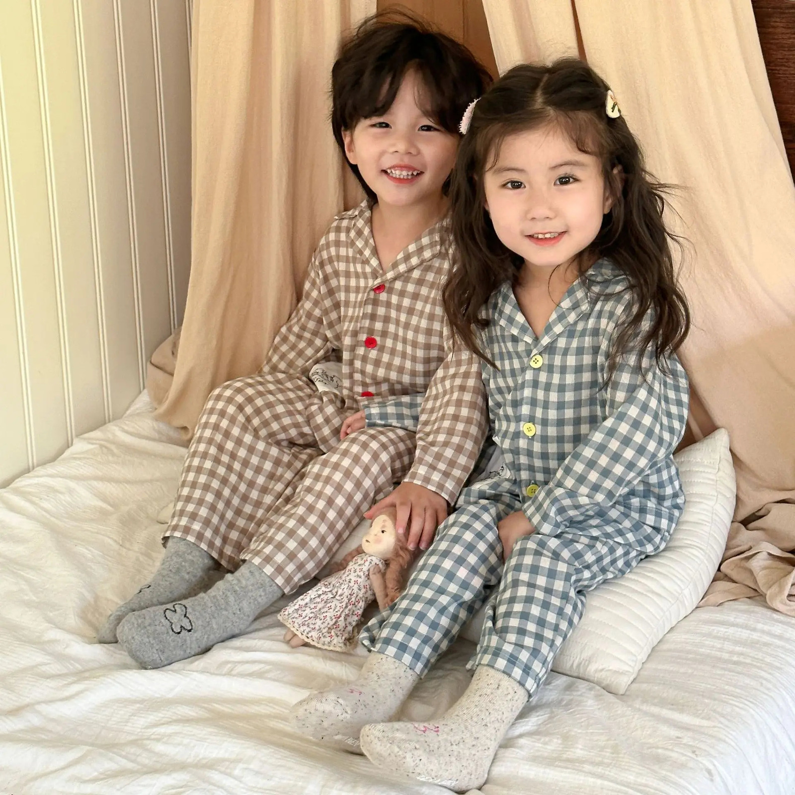 Spring Autumn Childrens Boys Sleepwear Cotton Checkered Long Sleeved Shirtspants 2PCS Suit Kids Baby Boys Pajamas 250314