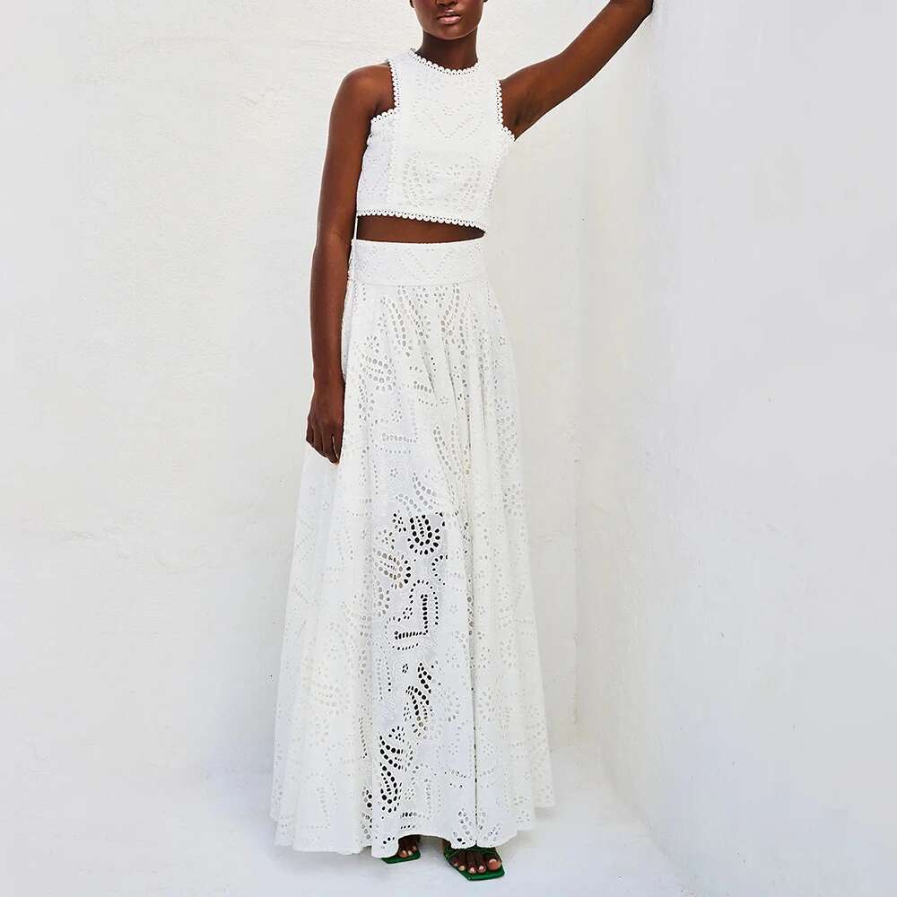 TWOTWINSTYLE Embroidery Two Piece Set For Women O Neck Sleeveless Hollow Out Top High Waist A E Skirt Slimming Sets Female