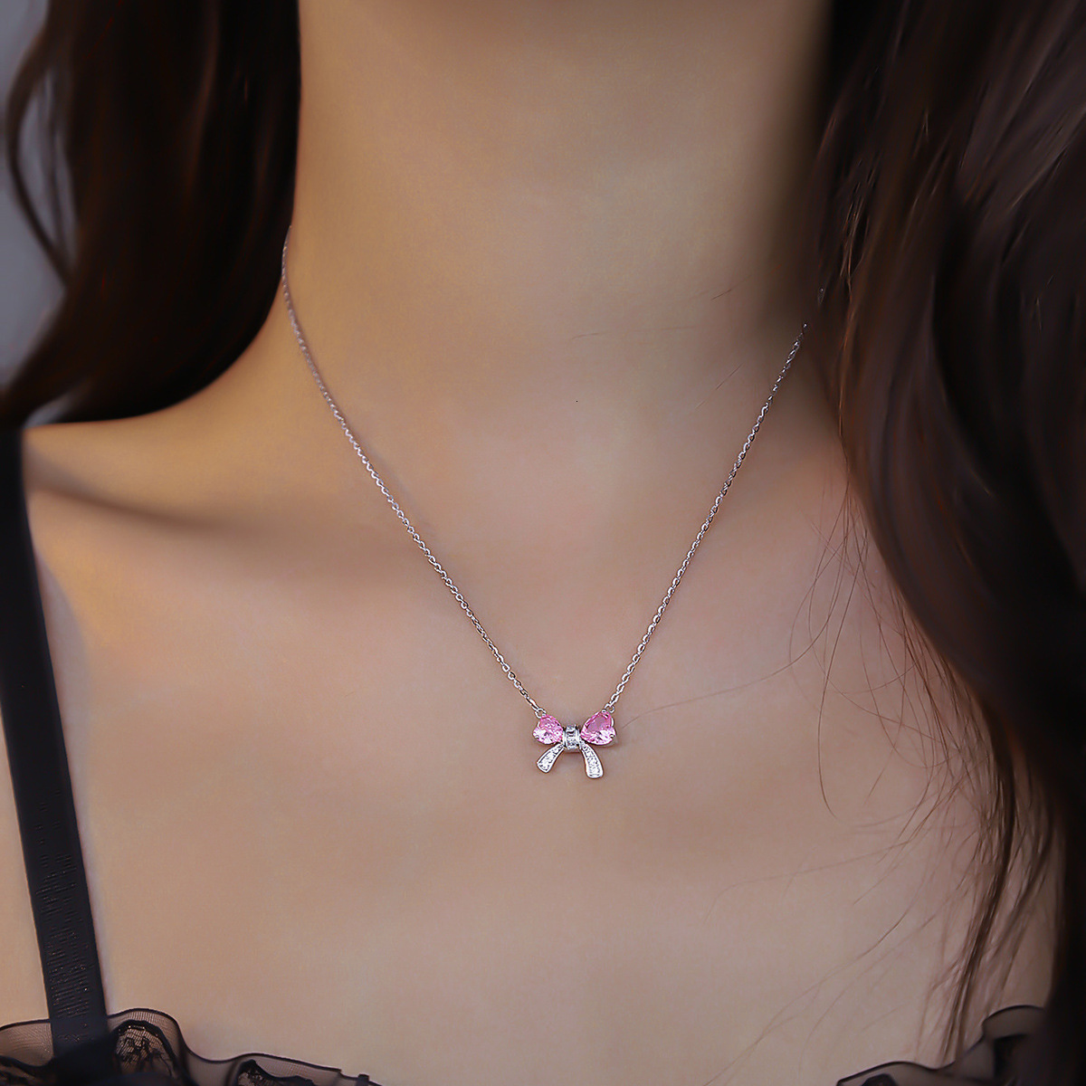 S925 Silver Necklace Female Sweetheart Bow Necklace Niche Fashion Simple Sterling Silver Micro-studded Bow Necklace