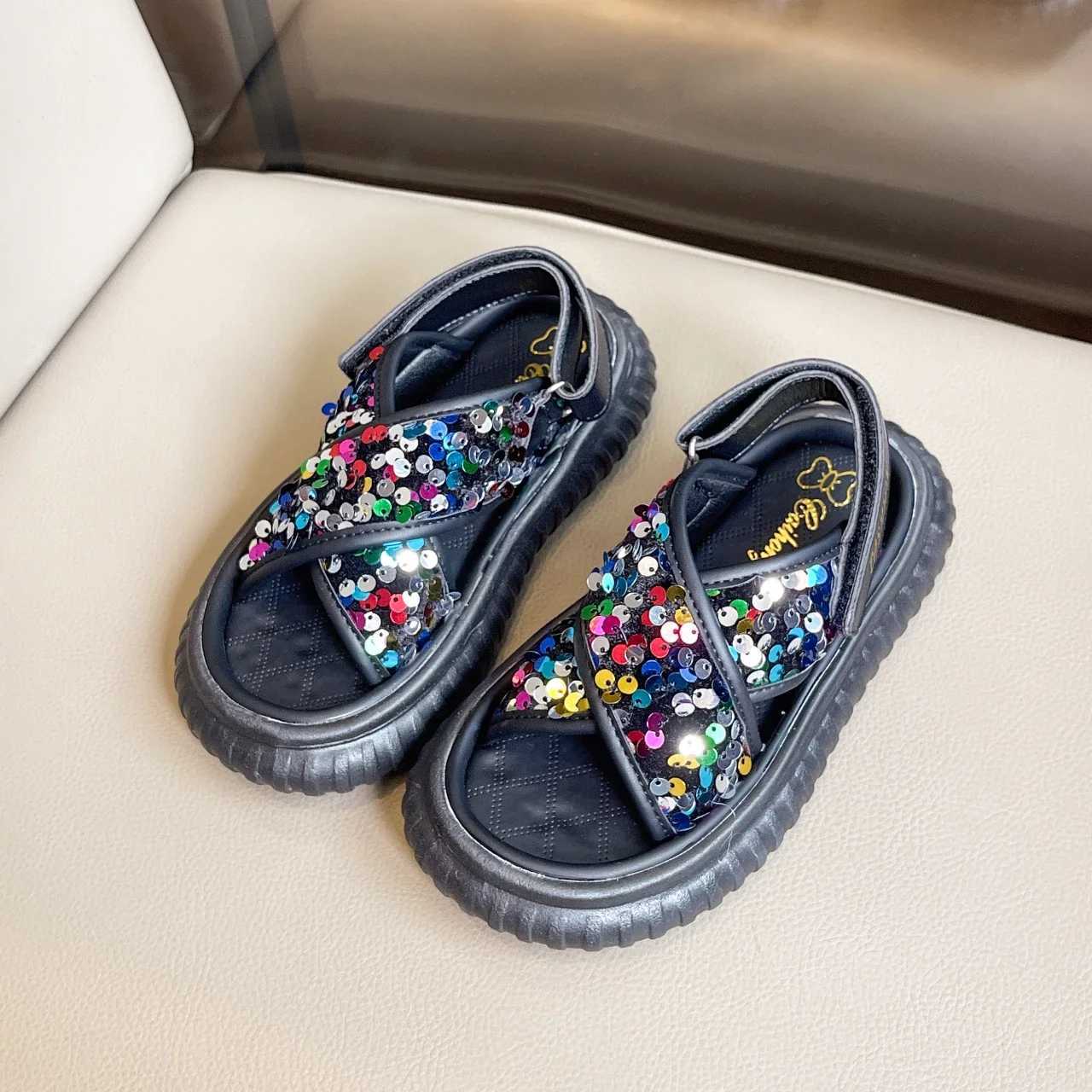 Childrens sandals summer thick soled princess sequin sandals fashionable waist open toe childrens school sandals hook and loopT250315