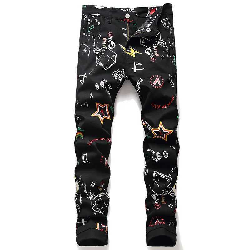 New Fashion Spring Autumn Mens 3D Printed Jeans Pantalon Hombre Black White Nightclubs Young Skinny Biker Denim TrousersT250315