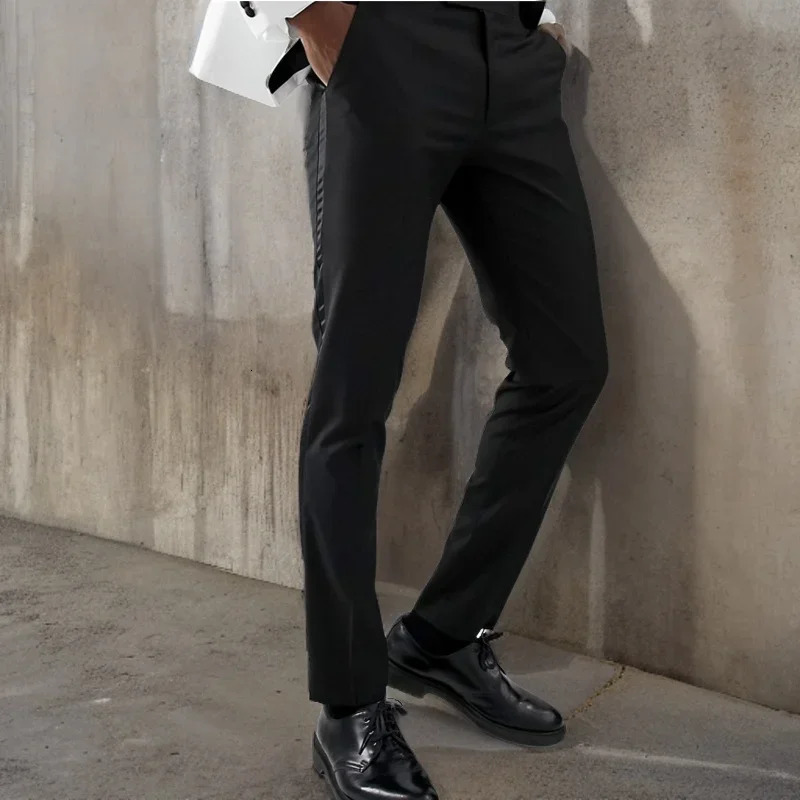 Suit Pants with Side Satin Stripe 1 Piece Slim Fit Formal Male Black Trousers Official Business Fashion for Wedding Prom 250313